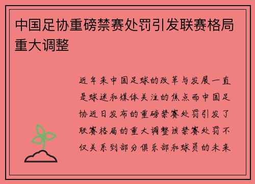 中国足协重磅禁赛处罚引发联赛格局重大调整 中国足协重磅禁赛处罚引发联赛格局重大调整
